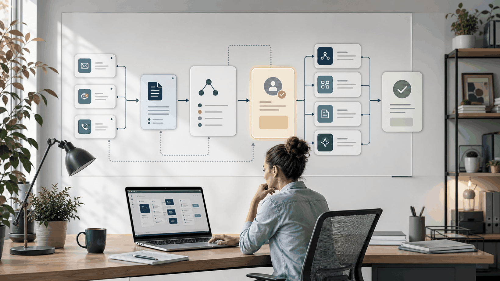 Workflow board showing an Animas AI automation system for overworked small business managers.