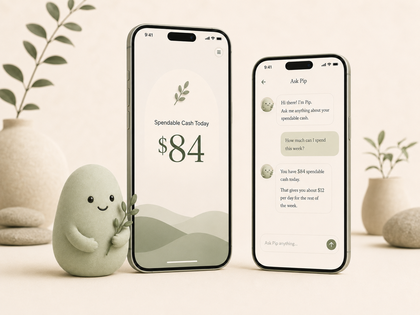 Pip app screens showing Spendable Cash Today and chat.